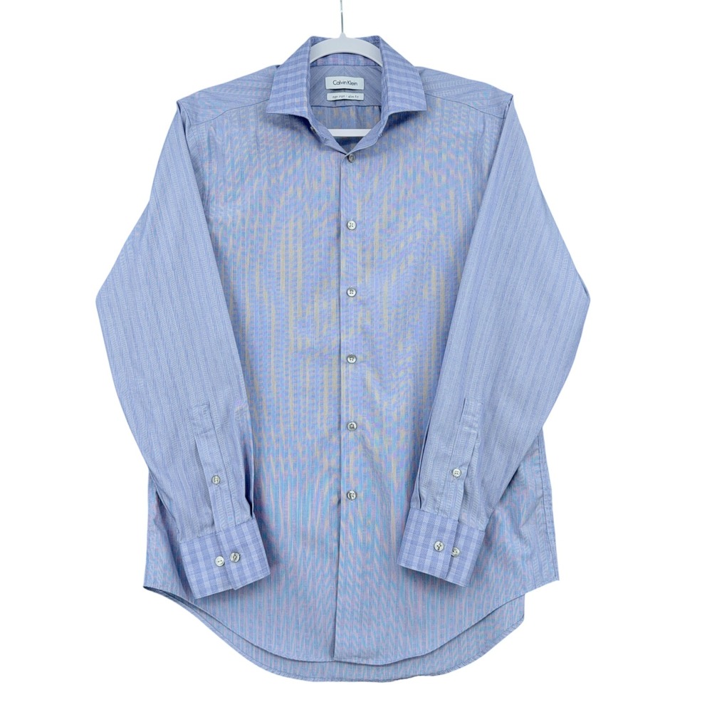Calvin Klein Dress Shirt Mens 15.5 32/33 100% Cotton Blue Slim Fit Non Iron
